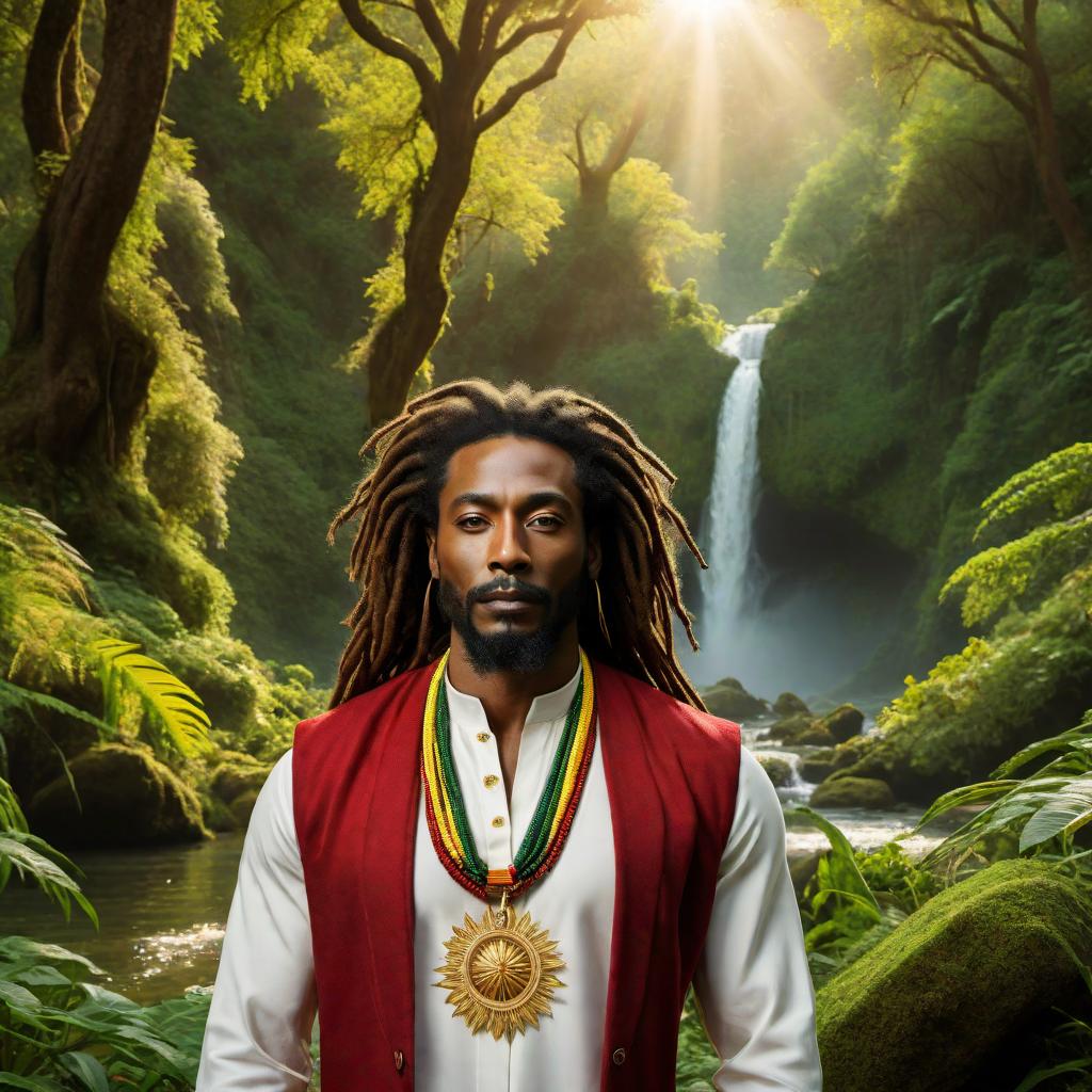  A depiction of Jah Son, an imaginative character inspired by Rastafarian culture. Jah Son might have dreadlocks, wearing traditional Rastafarian colors (red, gold, and green) with a peaceful and wise expression. He is surrounded by an aura of light and nature, symbolizing a connection to spirituality and the earth. The background is a vibrant, lush natural setting with a serene and harmonious atmosphere. hyperrealistic, full body, detailed clothing, highly detailed, cinematic lighting, stunningly beautiful, intricate, sharp focus, f/1. 8, 85mm, (centered image composition), (professionally color graded), ((bright soft diffused light)), volumetric fog, trending on instagram, trending on tumblr, HDR 4K, 8K