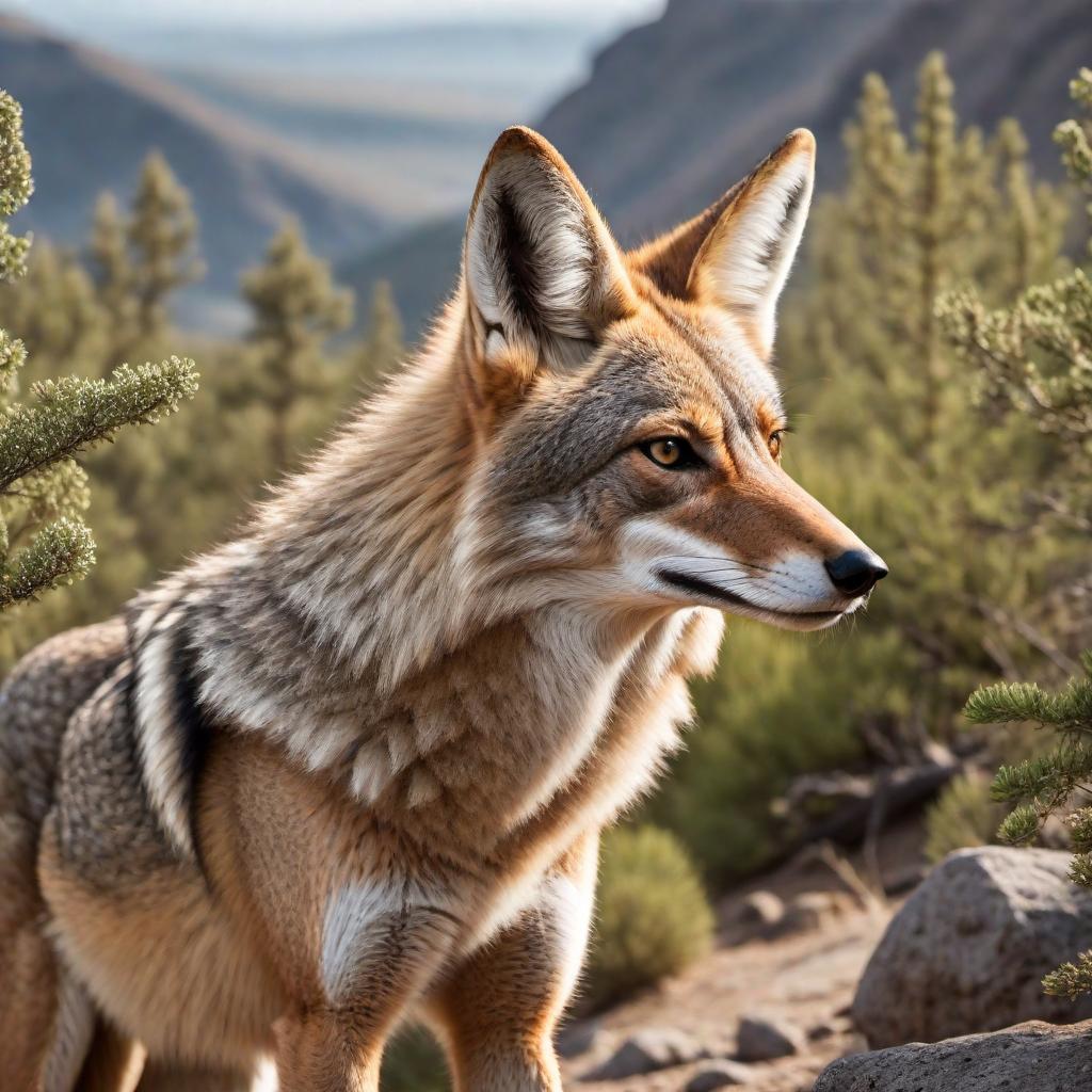  A realistic drawing of a coyote in its natural habitat. The coyote should have a keen and watchful expression, with fur detailed in light brown, grey, and white shades. It should be standing on a rocky terrain with a few sparse shrubs and a background that hints at an open plain stretching towards distant mountains under a clear blue sky. hyperrealistic, full body, detailed clothing, highly detailed, cinematic lighting, stunningly beautiful, intricate, sharp focus, f/1. 8, 85mm, (centered image composition), (professionally color graded), ((bright soft diffused light)), volumetric fog, trending on instagram, trending on tumblr, HDR 4K, 8K