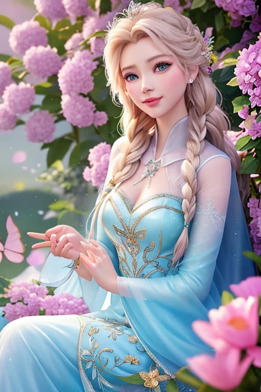  A highly detailed and realistic photo in the style of Disney, featuring a character resembling young Elsa. The image shows young Elsa wearing a Nike logo pink sweat shirts,surrounded by glowing flowers. She is sitting on a petal strewn ledge in a magical, dreamy environment. The scene is illuminated with soft, mystical light, creating an enchanting and whimsical atmosphere. Elsa's expression is filled with wonder and joy as she interacts with the butterflies. The background is softly blurred to keep the focus on Elsa and the flowers. hyperrealistic, full body, detailed clothing, highly detailed, cinematic lighting, stunningly beautiful, intricate, sharp focus, f/1. 8, 85mm, (centered image composition), (professionally color graded), ((bright soft diffused light)), volumetric fog, trending on instagram, trending on tumblr, HDR 4K, 8K