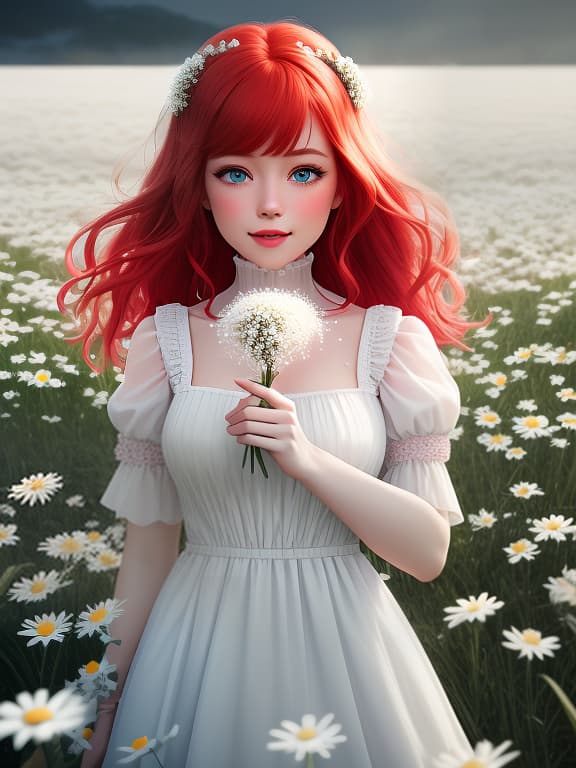  A cheerful little girl with red hair in a pink dress with bright white dots is holding a fluffy daisy and trying to blow it, a field of white daisies. hyperrealistic, full body, detailed clothing, highly detailed, cinematic lighting, stunningly beautiful, intricate, sharp focus, f/1. 8, 85mm, (centered image composition), (professionally color graded), ((bright soft diffused light)), volumetric fog, trending on instagram, trending on tumblr, HDR 4K, 8K