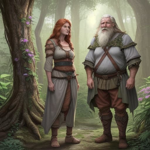  80's fantasy art, An adventurer druid, athletic and muscular build, red hair, wearing common clothes, standing beside his adoptive parents, an elderly man and woman. The elderly man has a sharp look, wrinkled face with a heavy voice, white hair, and beard, wearing simple but mystical clothes. The elderly woman has a kind and motherly appearance with gray hair. They are standing outside a hidden cottage in a small forest, surrounded by herbal plants and ancient trees. The scene has an atmosphere of warmth and familial bond.