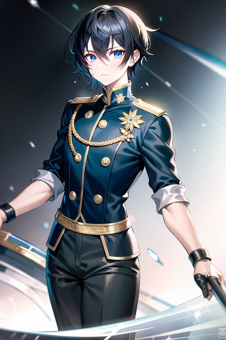  master piece , best quality,Blue eyed, black haired, short, young male in neat combat uniform