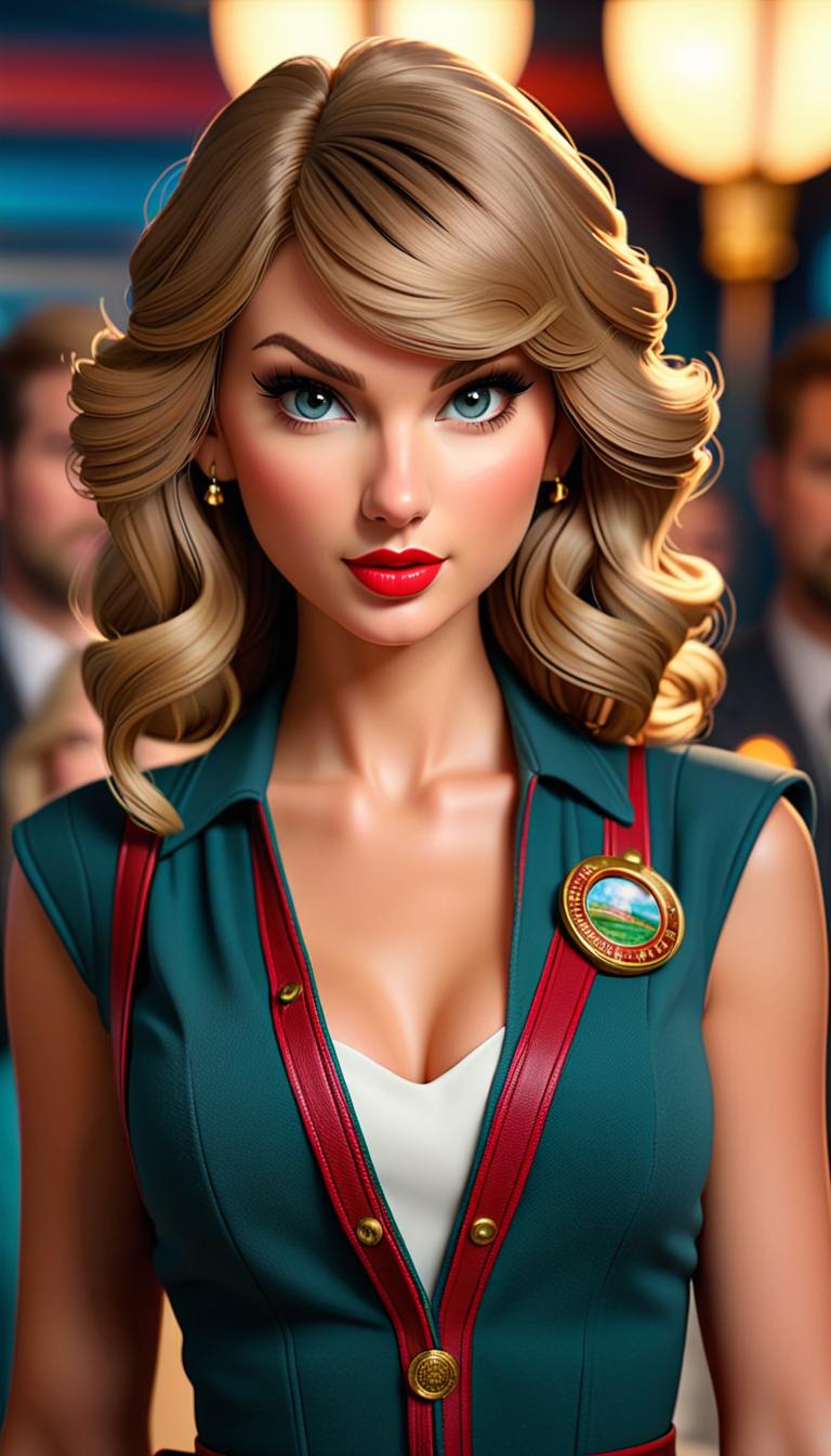  Professional 3D model of Taylor Swift as a cruise director . Rendered with Octane, the model is highly detailed,dramatic lighting. hyperrealistic, full body, detailed clothing, highly detailed, cinematic lighting, stunningly beautiful, intricate, sharp focus, f/1. 8, 85mm, (centered image composition), (professionally color graded), ((bright soft diffused light)), volumetric fog, trending on instagram, trending on tumblr, HDR 4K, 8K