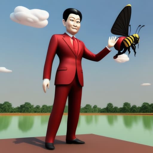  3D cartoon image: Image of the Prime Minister of Thailand, tall, wearing red shoes. Face looks like a Chinese person, black suit, has wings like a bee. Flying over the river, a water cannon was spraye