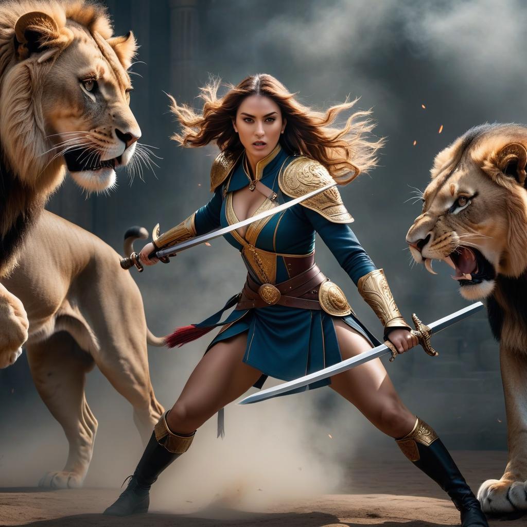  A woman is fighting with swords against two lions simultaneously. hyperrealistic, full body, detailed clothing, highly detailed, cinematic lighting, stunningly beautiful, intricate, sharp focus, f/1. 8, 85mm, (centered image composition), (professionally color graded), ((bright soft diffused light)), volumetric fog, trending on instagram, trending on tumblr, HDR 4K, 8K