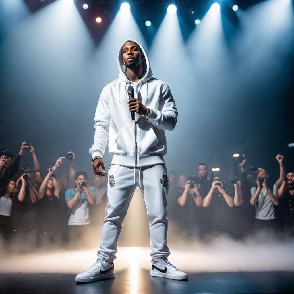  A white rapper standing on stage with a microphone, illuminated by spotlights. The rapper has a confident and dynamic pose, dressed in stylish urban clothing - perhaps a hoodie, baggy pants, and sneakers. The stage has a vibrant atmosphere, with a cheering crowd and bright lights enhancing the performance. hyperrealistic, full body, detailed clothing, highly detailed, cinematic lighting, stunningly beautiful, intricate, sharp focus, f/1. 8, 85mm, (centered image composition), (professionally color graded), ((bright soft diffused light)), volumetric fog, trending on instagram, trending on tumblr, HDR 4K, 8K