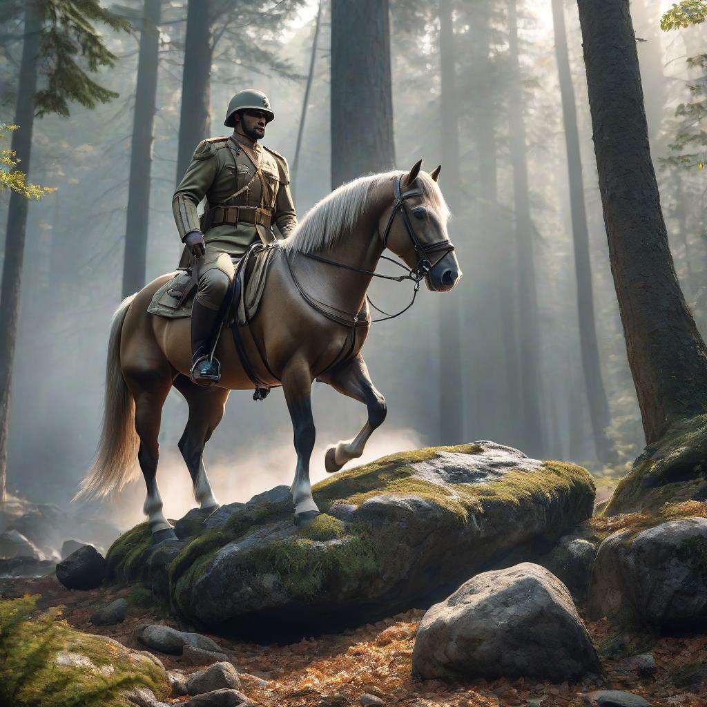  concept art A horse in military camouflage grills shashlik on rocks in the forest. . digital artwork, illustrative, painterly, matte painting, highly detailed hyperrealistic, full body, detailed clothing, highly detailed, cinematic lighting, stunningly beautiful, intricate, sharp focus, f/1. 8, 85mm, (centered image composition), (professionally color graded), ((bright soft diffused light)), volumetric fog, trending on instagram, trending on tumblr, HDR 4K, 8K