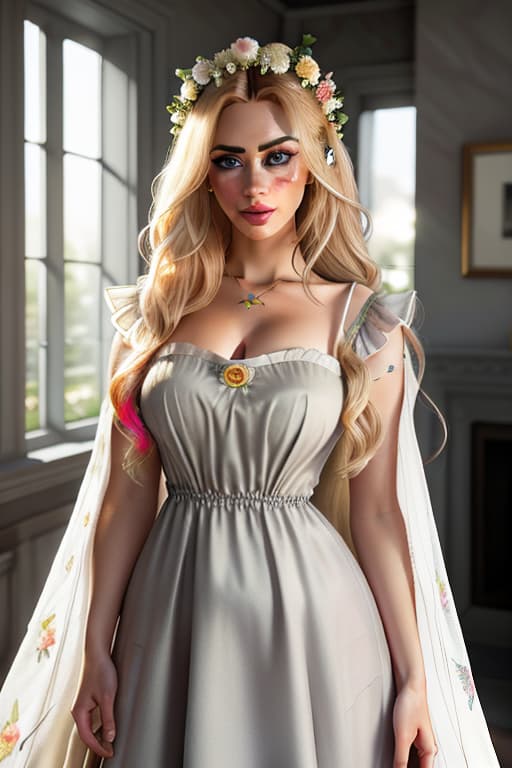  detailed and realistic portrait of a rapunzel maid with a few freckles, long blonde disheveled hairs, multicolor mesmerizing eyes, dark fluffy dress, soft natural lighting, portrait photography, magical photography, dramatic lighting, photo realism, ultra detailed, intimate portrait composition, flowers in background, Leica 50mm, f1. 4 hyperrealistic, full body, detailed clothing, highly detailed, cinematic lighting, stunningly beautiful, intricate, sharp focus, f/1. 8, 85mm, (centered image composition), (professionally color graded), ((bright soft diffused light)), volumetric fog, trending on instagram, trending on tumblr, HDR 4K, 8K