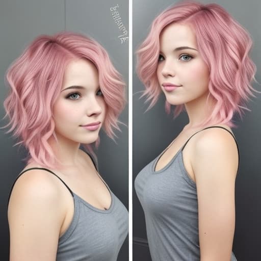  Short, wavy, Pink hair