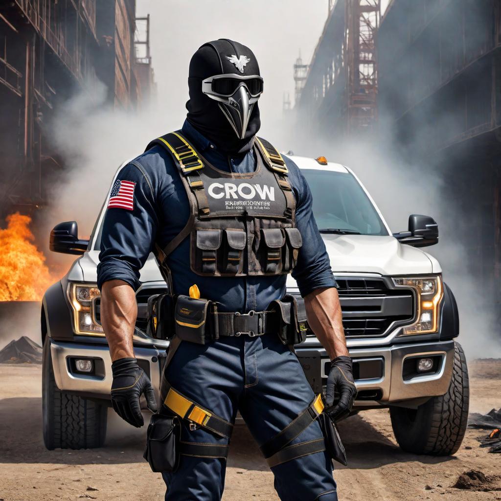  Create a marketing design for a truck that features the 'Crow Safety Gear' logo. The logo should be styled with an American flag color scheme and depict a harness restrain. Integrate pictures of safety gear such as harnesses, safety suits, shoes, and accessories. The overall design should be eye-catching and professional, emphasizing safety and patriotism. hyperrealistic, full body, detailed clothing, highly detailed, cinematic lighting, stunningly beautiful, intricate, sharp focus, f/1. 8, 85mm, (centered image composition), (professionally color graded), ((bright soft diffused light)), volumetric fog, trending on instagram, trending on tumblr, HDR 4K, 8K