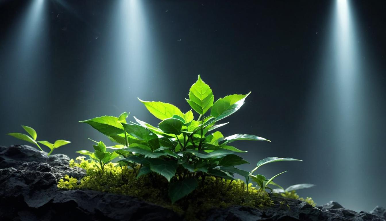  digital illustration, A small, bright light piercing through the darkness, illuminating a tiny budding plant, soft beams of hope emanating, delicate and promising, amidst ominous surroundings, looking at viewer, dynamic pose, (intricate details, masterpiece, best quality)