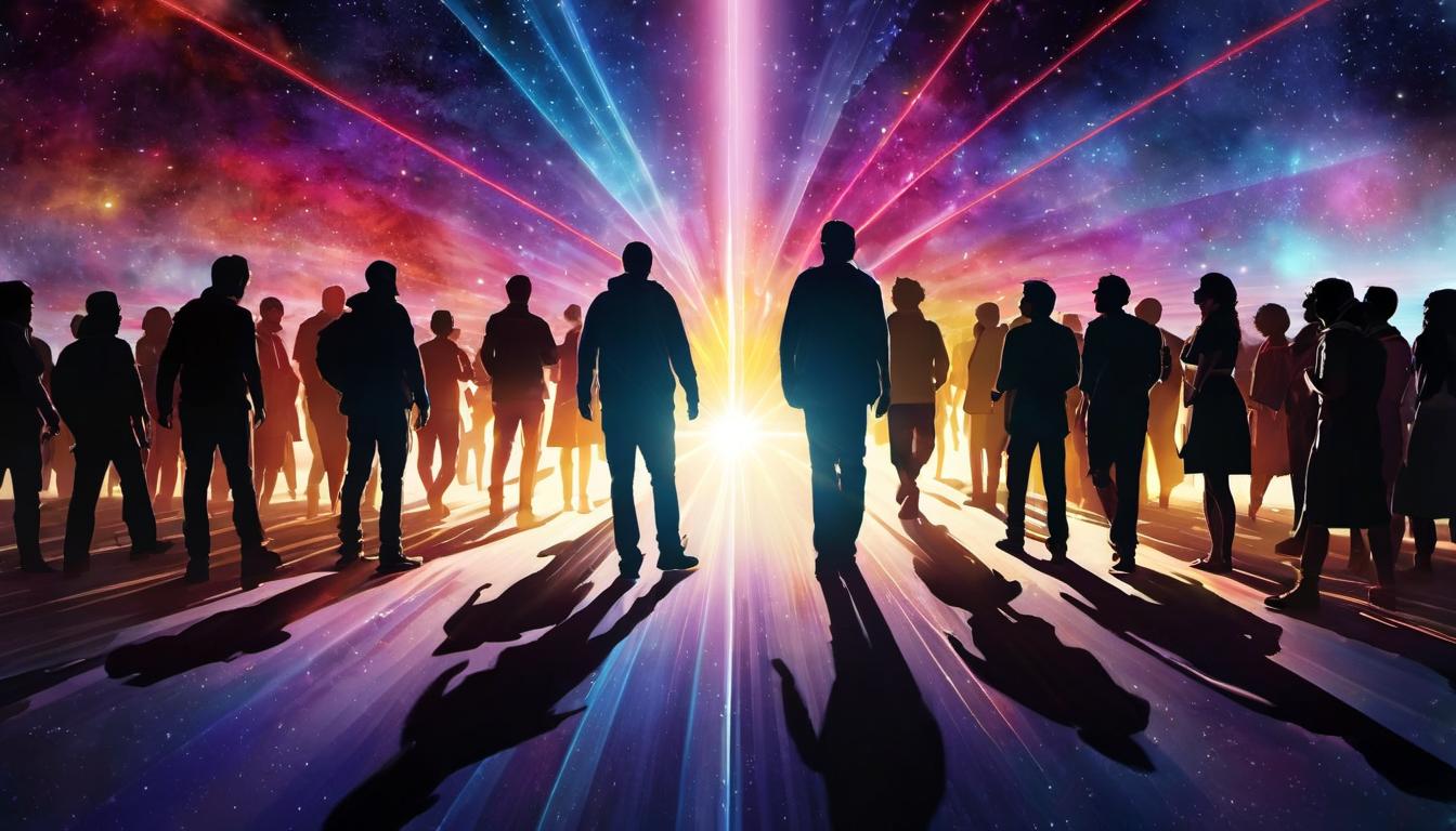  digital illustration silhouetted crowd, light beams uniting them, cosmic backdrop, unity, collective movement, spiritual evolution looking at viewer, dynamic pose, (intricate details, masterpiece, best quality)