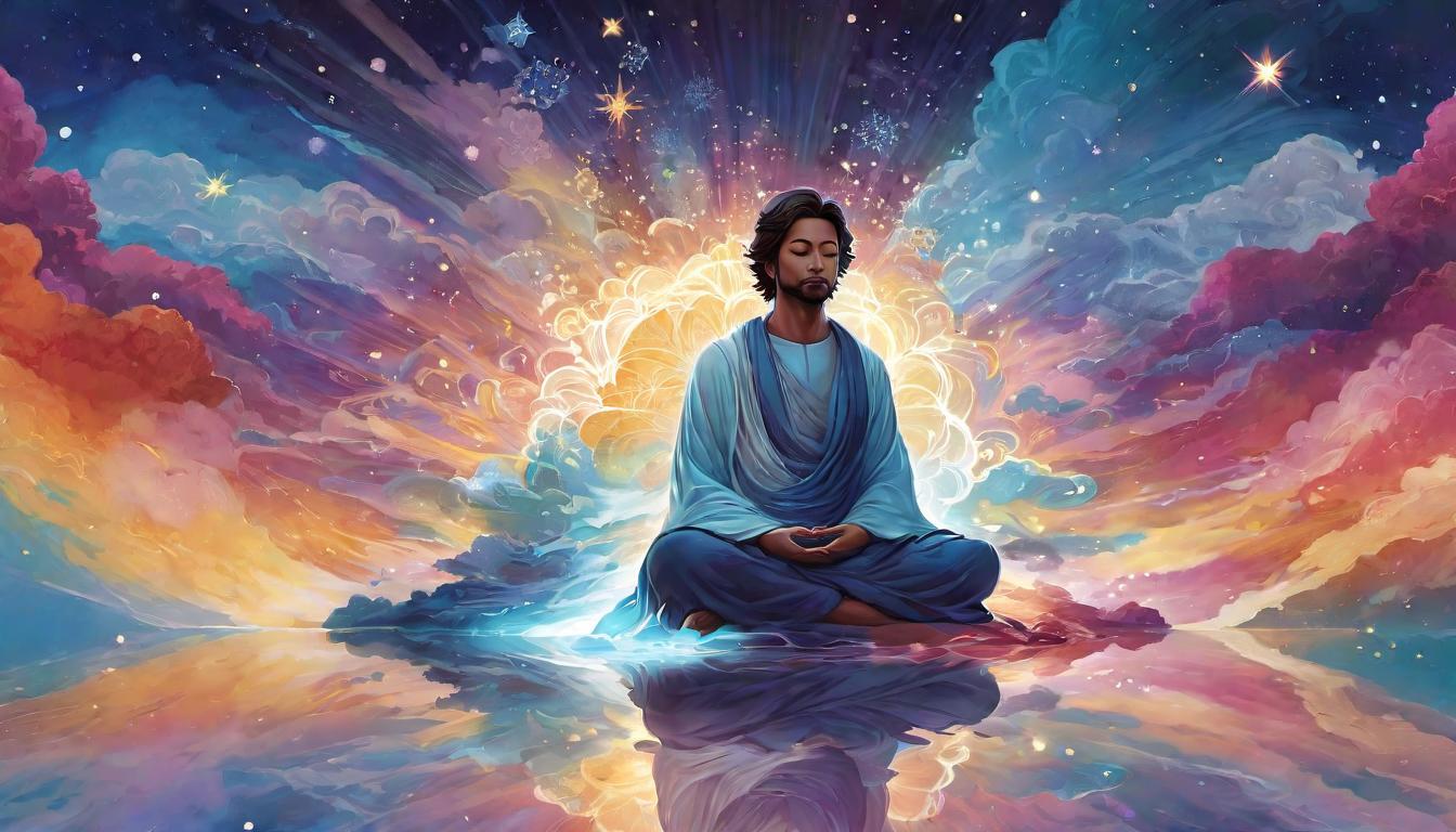  digital illustration, A serene figure meditating, surrounded by soft, glowing aura, background of celestial elements and higher self, aligned, tranquil, looking at viewer, dynamic pose, (intricate details, masterpiece, best quality)