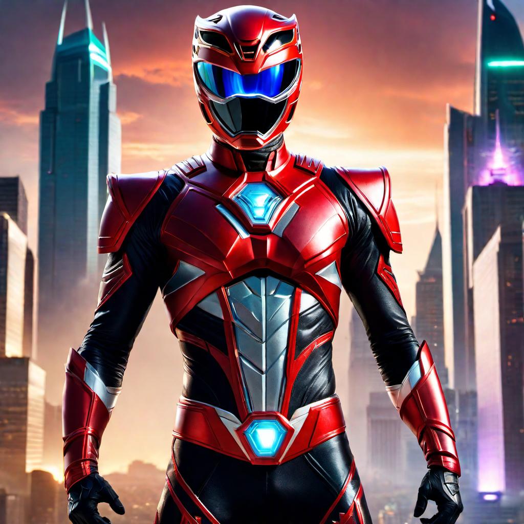  A detailed image of a Power Ranger in their iconic suit, standing heroically with a futuristic city backdrop, vibrant and colorful, showcasing their powerful and dynamic pose. hyperrealistic, full body, detailed clothing, highly detailed, cinematic lighting, stunningly beautiful, intricate, sharp focus, f/1. 8, 85mm, (centered image composition), (professionally color graded), ((bright soft diffused light)), volumetric fog, trending on instagram, trending on tumblr, HDR 4K, 8K