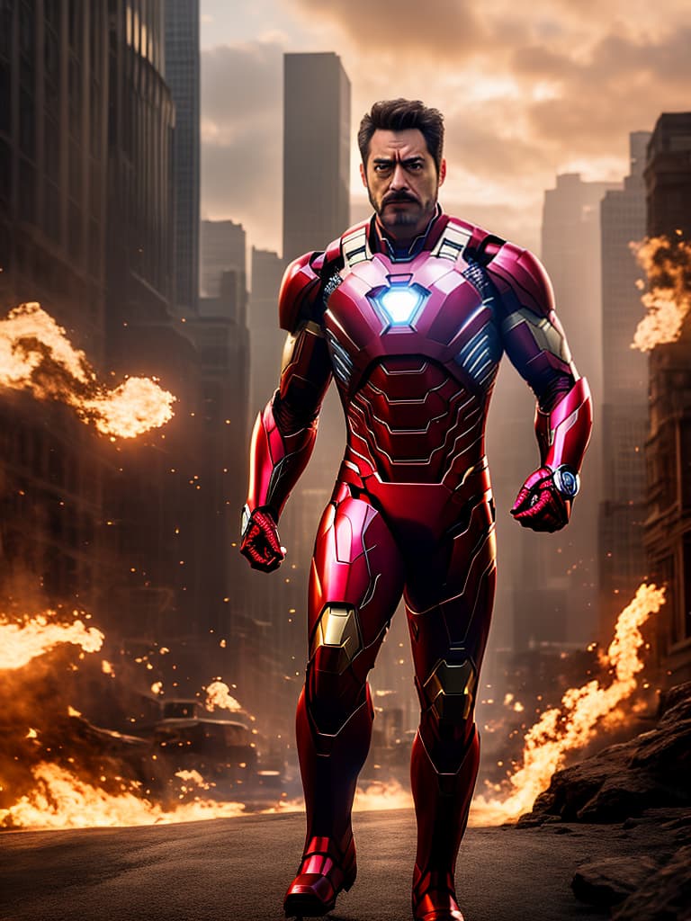  ironman tony stark in cinematic poster hyperrealistic, full body, detailed clothing, highly detailed, cinematic lighting, stunningly beautiful, intricate, sharp focus, f/1. 8, 85mm, (centered image composition), (professionally color graded), ((bright soft diffused light)), volumetric fog, trending on instagram, trending on tumblr, HDR 4K, 8K