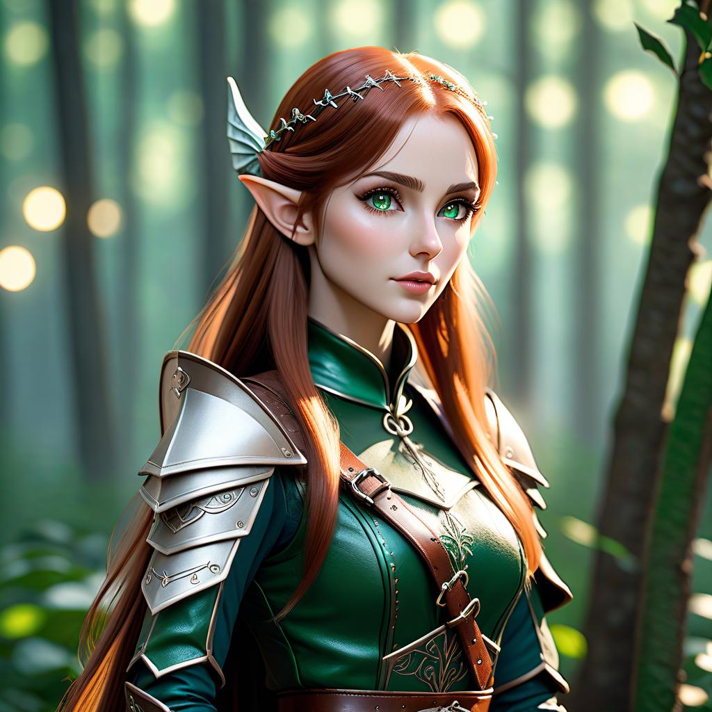  cinematic photo A tall elf girl with a beautiful face, eyes the color of emeralds, long chestnut hair, a slender cute body, of medium height, dressed in a charmed armor made of brown leather, has a bow on her back, and a pair of short daggers on her belt. . 35mm photograph, film, bokeh, professional, 4k, highly detailed hyperrealistic, full body, detailed clothing, highly detailed, cinematic lighting, stunningly beautiful, intricate, sharp focus, f/1. 8, 85mm, (centered image composition), (professionally color graded), ((bright soft diffused light)), volumetric fog, trending on instagram, trending on tumblr, HDR 4K, 8K