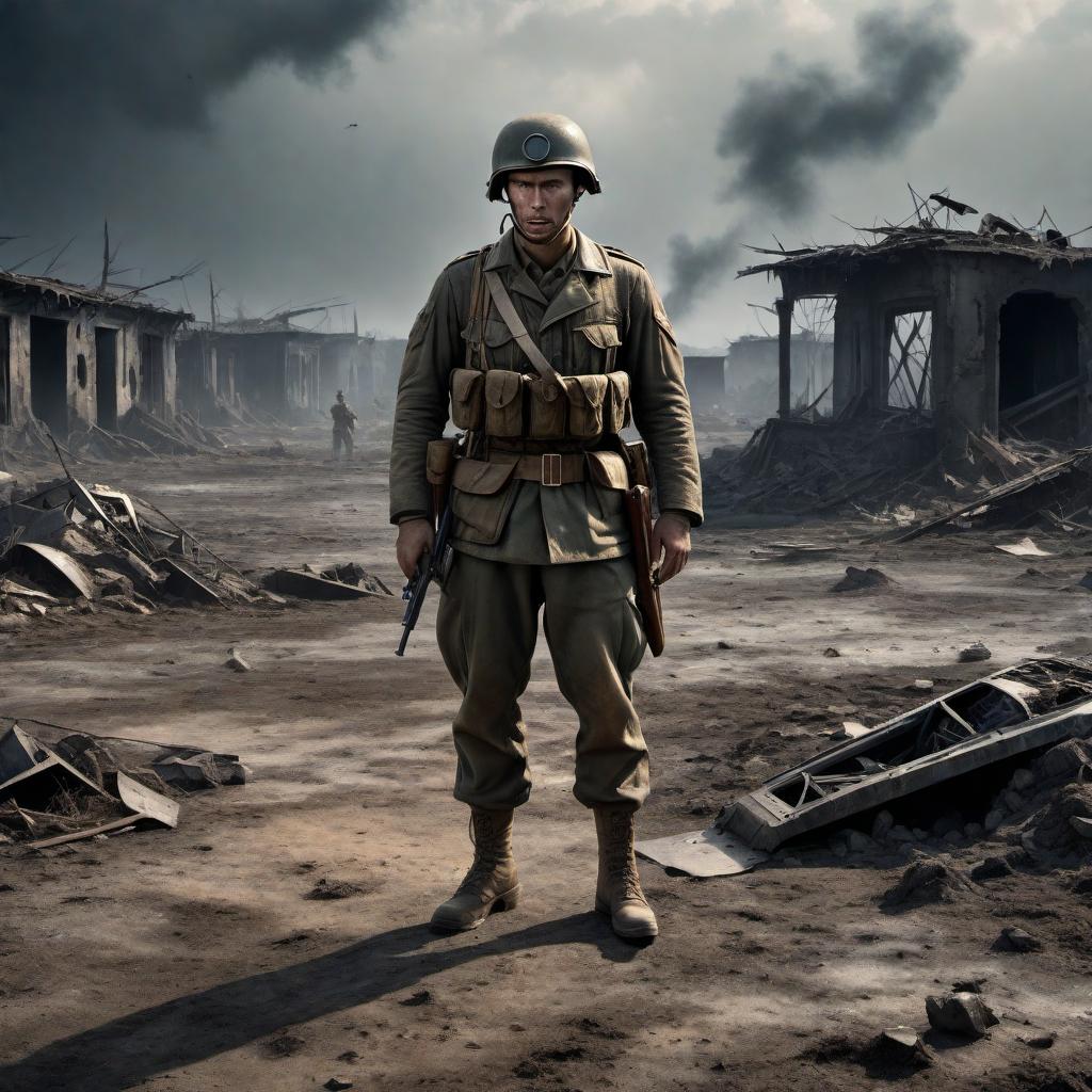  In a World War II setting, an emotionally charged, 3D, semi-realistic orbital scene. A lone, wounded male soldier stands in a desolate battlefield, symbolizing a harrowing struggle. The soldier, clad in tarnished, WWII-era military gear, is battered and weary, with visible wounds and torn clothes. Surrounding him are abstract, ghostly figures of women, representing emotional battles and conflicts. These ethereal women have translucent appearances, floating around the soldier in an orbital motion, embodying memories, regrets, and emotional hauntings. Each woman carries faint, symbolic elements like letters or photographs from the past, adding to the emotional weight. The background is a dark, war-torn landscape with shadows of destroyed buil hyperrealistic, full body, detailed clothing, highly detailed, cinematic lighting, stunningly beautiful, intricate, sharp focus, f/1. 8, 85mm, (centered image composition), (professionally color graded), ((bright soft diffused light)), volumetric fog, trending on instagram, trending on tumblr, HDR 4K, 8K