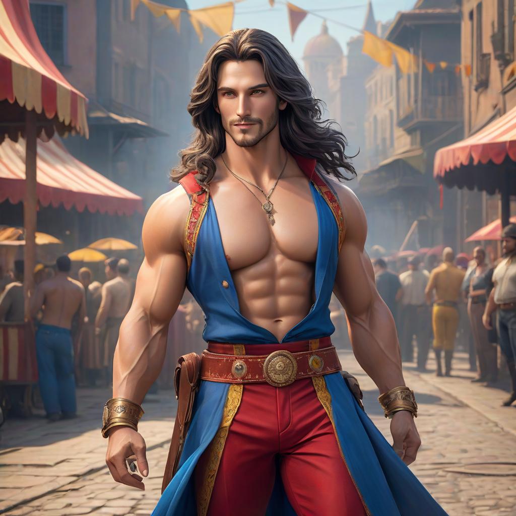  The Italian has a bright charisma and a sly smile. His image combines the features of a cowboy and a circus performer. Long hair of blue color, yellow eyes, lean build with well developed muscles. He wears a blue top and red palazzo pants, his clothes contain many details such as clasps, buckles, etc. hyperrealistic, full body, detailed clothing, highly detailed, cinematic lighting, stunningly beautiful, intricate, sharp focus, f/1. 8, 85mm, (centered image composition), (professionally color graded), ((bright soft diffused light)), volumetric fog, trending on instagram, trending on tumblr, HDR 4K, 8K