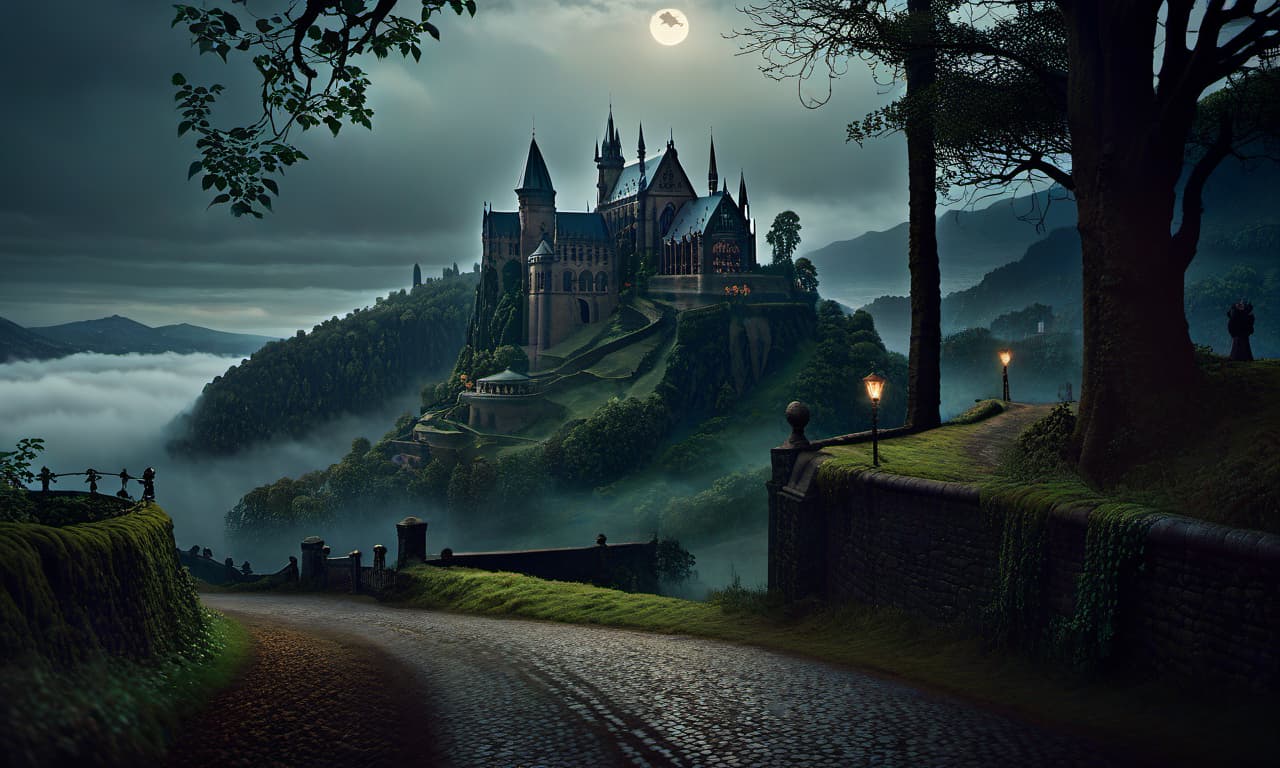  concept art a dark fairytale background on a hill, to which roads lead, and the path lies through the forest and lake, antique decor, ivy covered walls, dark atmosphere, clear composition, clear lines, fine detail, 4k, trending on artstation, volumetric lighting, background, 16k, high resolution, atmospheric haze, Film grain, cinematic film still, shallow depth of field, highly detailed, moody, epic, photorealistic, atmospheric lighting, volumetric lighting. The technique of painting is simple, cinematic. ethereal lights, mysterious and alluring atmosphere, trending on art galleries specializing in fantasy art. extremely detailed, fantasy art style, dark colours, gloomy clouds, night lighting, night . digital artwork, illustrative, painterl hyperrealistic, full body, detailed clothing, highly detailed, cinematic lighting, stunningly beautiful, intricate, sharp focus, f/1. 8, 85mm, (centered image composition), (professionally color graded), ((bright soft diffused light)), volumetric fog, trending on instagram, trending on tumblr, HDR 4K, 8K