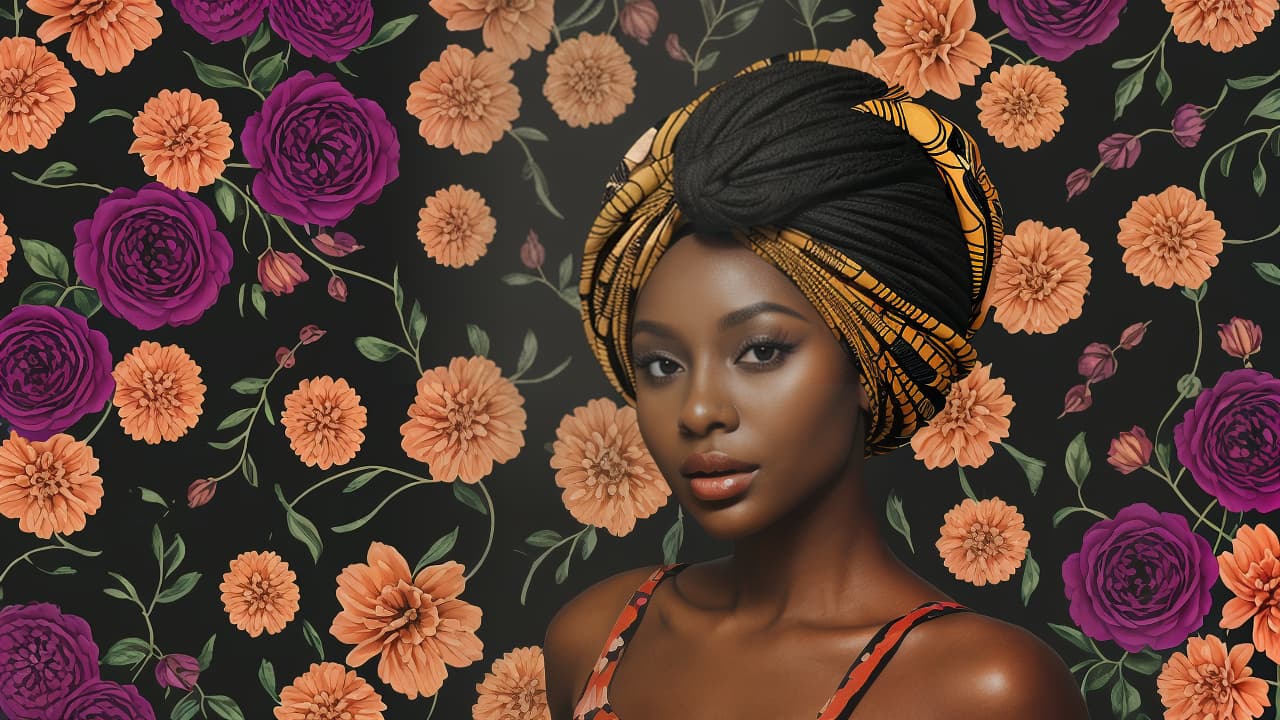  Black woman in African turban, flower background, floral aesthetic. Natural cosmetics female model in traditional head wrap. Fashion and beauty stylish illustration
