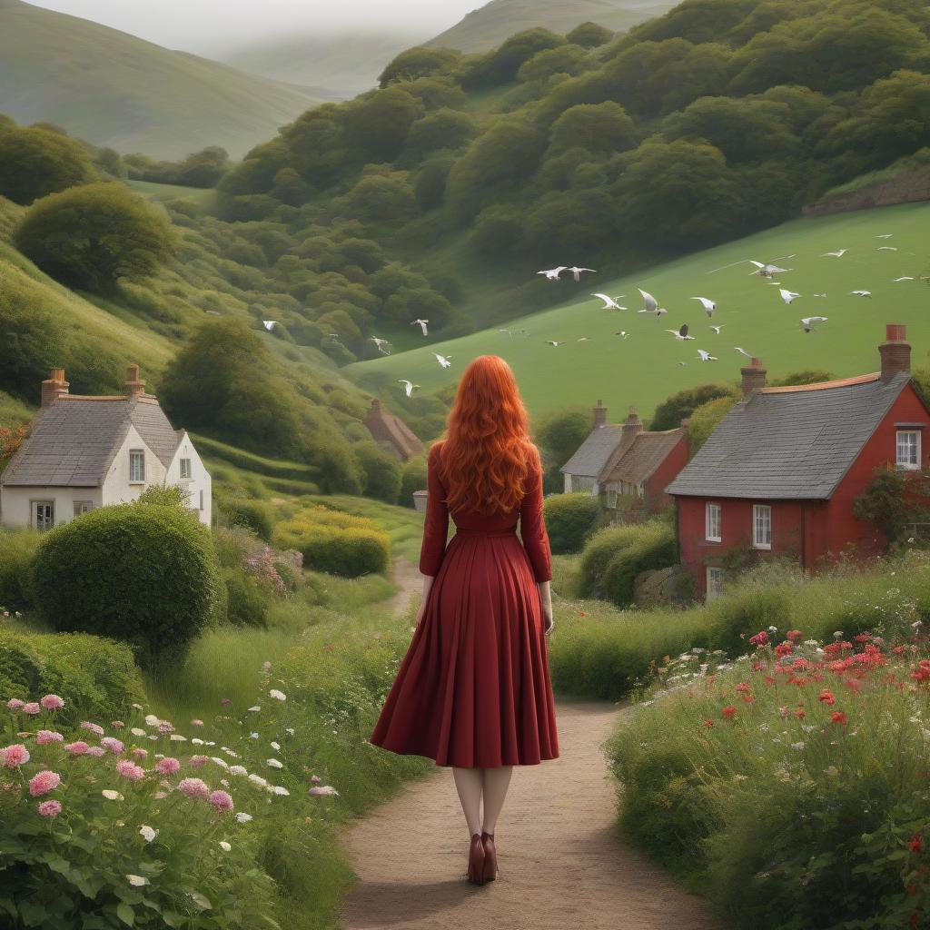  nautical themed "Girl standing standing in front of rolling hills of fields and hedges, and a quaint village nestled in the valley. She has red hair and is wearing her patchwork best, and is totally in harmony with her environment. woman holding the cosmos in her hands, calm, her hair fluttering full of birds, in the background is the universe full of birds, flowers and boats in Surreal artisanal hallucinations made entirely of Sun and Moon, highly detailed, fairytale, Dee Nickerson, elegant, sharp focus, 8 k, octane render" . sea, ocean, ships, maritime, beach, marine life, highly detailed hyperrealistic, full body, detailed clothing, highly detailed, cinematic lighting, stunningly beautiful, intricate, sharp focus, f/1. 8, 85mm, (centered image composition), (professionally color graded), ((bright soft diffused light)), volumetric fog, trending on instagram, trending on tumblr, HDR 4K, 8K