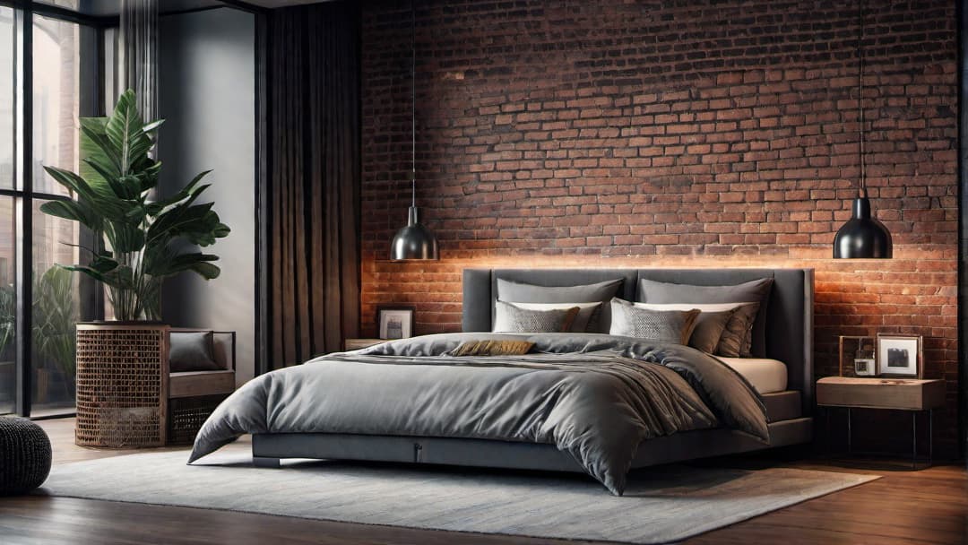  Create an image of a bedroom that exemplifies Industrial Chic style. The main feature should be a sturdy Industrial Bed Frame with a metal finish, set against exposed brick walls. Include an Industrial Headboard. Use metal light fixtures with filament bulbs and ensure there is a dark toned wooden floor. Add minimalistic decorations like metal wall art and a simple nightstand to enhance the urban, modern feel of the room. hyperrealistic, full body, detailed clothing, highly detailed, cinematic lighting, stunningly beautiful, intricate, sharp focus, f/1. 8, 85mm, (centered image composition), (professionally color graded), ((bright soft diffused light)), volumetric fog, trending on instagram, trending on tumblr, HDR 4K, 8K