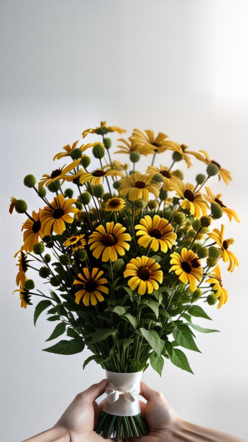  an elongated bouquet of yellow Rudbeckia hirta in a package, the bouquet is held by a hand, white background, packaging is white and transparent, white ribbon hyperrealistic, full body, detailed clothing, highly detailed, cinematic lighting, stunningly beautiful, intricate, sharp focus, f/1. 8, 85mm, (centered image composition), (professionally color graded), ((bright soft diffused light)), volumetric fog, trending on instagram, trending on tumblr, HDR 4K, 8K