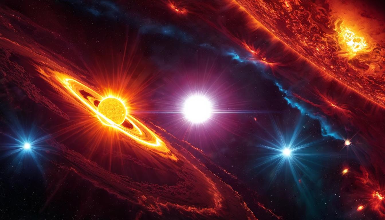  digital illustration Bright solar flares, erupting from the surface of the sun, intense and vivid colors, cosmic energy, radiant and powerful looking at viewer, dynamic pose, (intricate details, masterpiece, best quality)