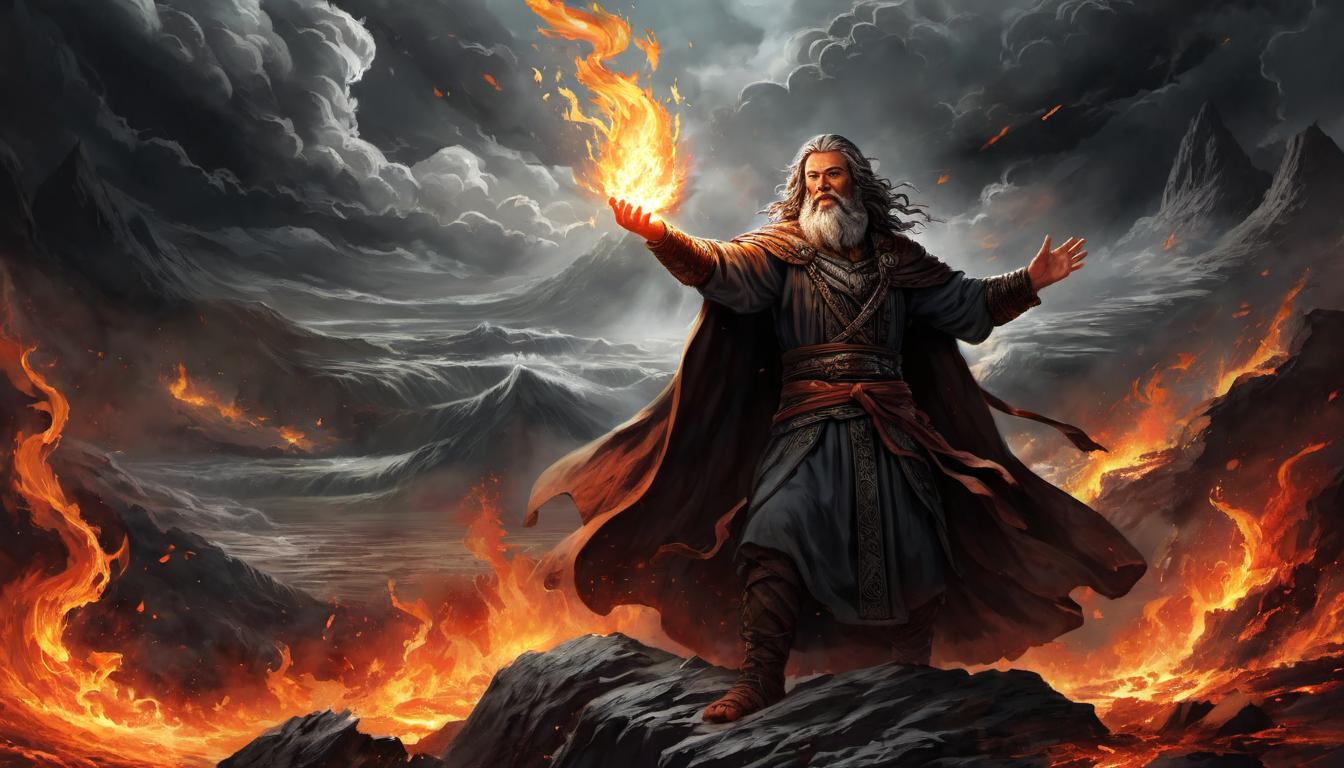  digital illustration, Noah, eyes ablaze with fury, raising a hand in curse, Canaan kneeling and trembling, dark swirling background, atmosphere of wrathful judgment, looking at viewer, dynamic pose, (intricate details, masterpiece, best quality)