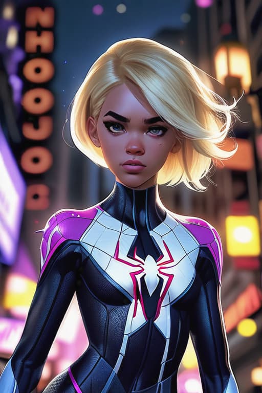  (best quality, masterpiece, colorful, dynamic angle, highest detailed) upper body photo, fashion photography of cute, intense short blonde hair, Gwendolyne Maxine StacySpider Gwen suit, (ultrahigh resolution textures), in dynamic pose, bokeh, glowing web, (intricate details, hyperdetailed:1.15), detailed, moonlight passing through hair, perfect night, fantasy background, (official art, extreme detailed, highest detailed), HDR+