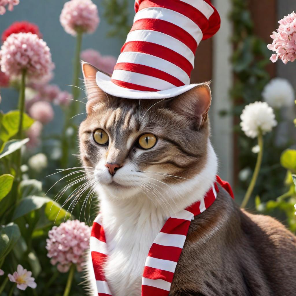  Please generate an image of a cat wearing a tall red and white striped hat, similar to the 'Cat in the Hat' character from Dr. Seuss books. The cat should be standing on two feet and looking mischievous. The background should be colorful and whimsical to match the character's playful nature. hyperrealistic, full body, detailed clothing, highly detailed, cinematic lighting, stunningly beautiful, intricate, sharp focus, f/1. 8, 85mm, (centered image composition), (professionally color graded), ((bright soft diffused light)), volumetric fog, trending on instagram, trending on tumblr, HDR 4K, 8K