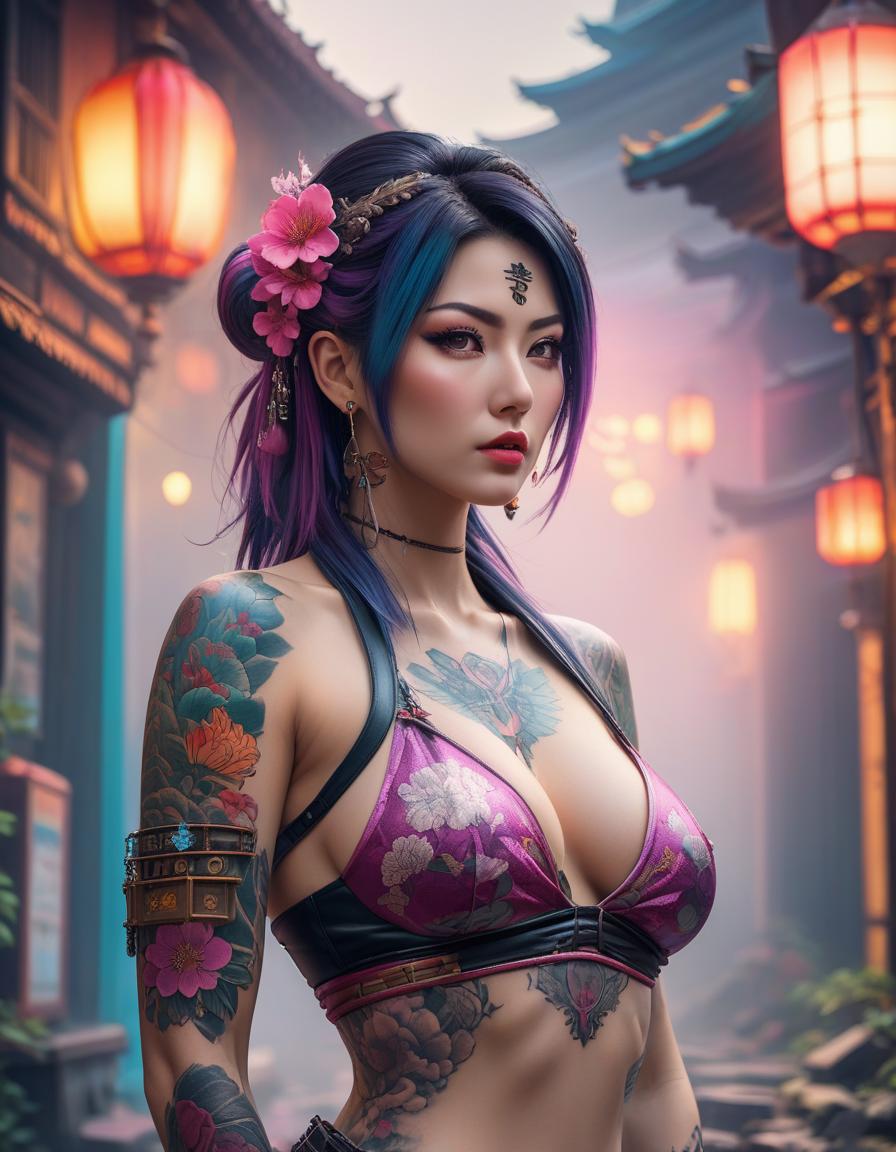  retro game art Cerisier japonais abstract punk épaule femme tattoo . 16 bit, vibrant colors, pixelated, nostalgic, charming, fun hyperrealistic, full body, detailed clothing, highly detailed, cinematic lighting, stunningly beautiful, intricate, sharp focus, f/1. 8, 85mm, (centered image composition), (professionally color graded), ((bright soft diffused light)), volumetric fog, trending on instagram, trending on tumblr, HDR 4K, 8K