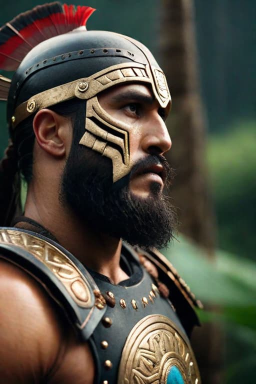  Side View of a Aztec Warrior wearing a shield on his back,Overgrown,mystic,ethereal,darkness,muscular,Mayan,more impressive beard,extreme detailed and ornamented armor,black armor,gold ornament, atmospheric haze,Film grain,cinematic film still,shallow depth of field,highly detailed,high budget,cinemascope,moody,epic,OverallDetail,2000s vintage RAW photo,photorealistic,candid camera,color graded cinematic,eye catchlights,atmospheric lighting,imperfections,natural,shallow dof,dynamic angle,full body,<lora:RMSDXL Darkness Cinema:0.8>,<lora:RMSDXL Enhance:0.8>,, high resolution,extreme detail hyperrealistic, full body, detailed clothing, highly detailed, cinematic lighting, stunningly beautiful, intricate, sharp focus, f/1. 8, 85mm, (centered image composition), (professionally color graded), ((bright soft diffused light)), volumetric fog, trending on instagram, trending on tumblr, HDR 4K, 8K