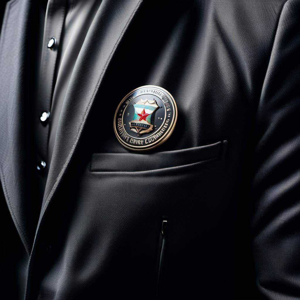  demonstration of a small round badge on a corner of a black gray jacket on someone. hyperrealistic, full body, detailed clothing, highly detailed, cinematic lighting, stunningly beautiful, intricate, sharp focus, f/1. 8, 85mm, (centered image composition), (professionally color graded), ((bright soft diffused light)), volumetric fog, trending on instagram, trending on tumblr, HDR 4K, 8K