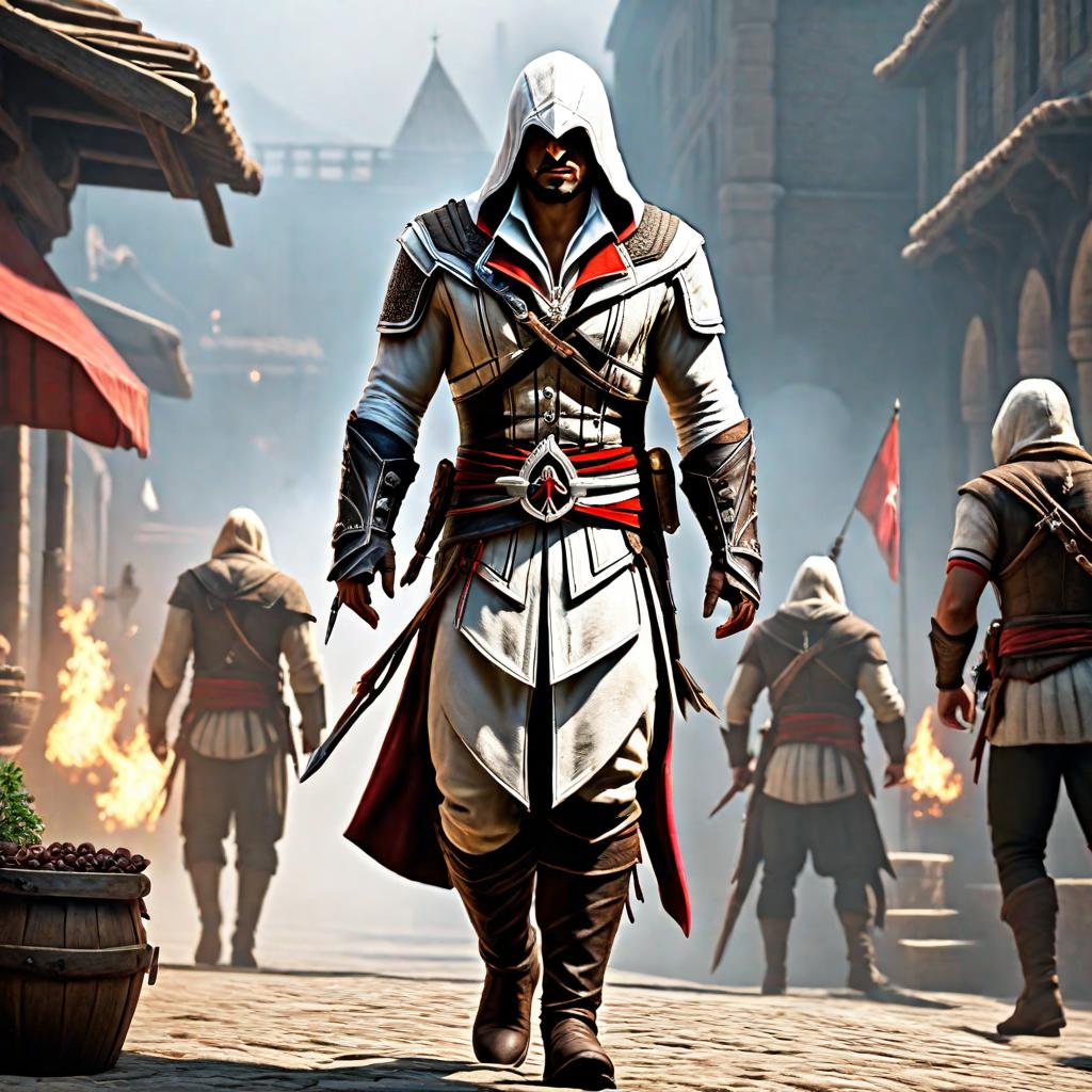  The translation is "Assassin's Creed." hyperrealistic, full body, detailed clothing, highly detailed, cinematic lighting, stunningly beautiful, intricate, sharp focus, f/1. 8, 85mm, (centered image composition), (professionally color graded), ((bright soft diffused light)), volumetric fog, trending on instagram, trending on tumblr, HDR 4K, 8K