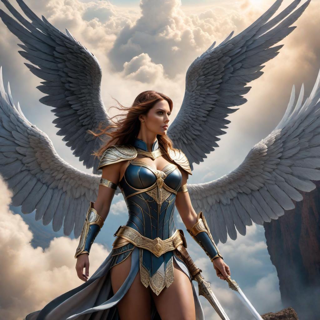  A captivating image of warrior angels descending from the heavens to save the earth. The scene is filled with light, strength, and a sense of hope. Include elements like wings, armor, and a celestial background. Add a touch of magic and mystique to capture the essence of the theme. hyperrealistic, full body, detailed clothing, highly detailed, cinematic lighting, stunningly beautiful, intricate, sharp focus, f/1. 8, 85mm, (centered image composition), (professionally color graded), ((bright soft diffused light)), volumetric fog, trending on instagram, trending on tumblr, HDR 4K, 8K