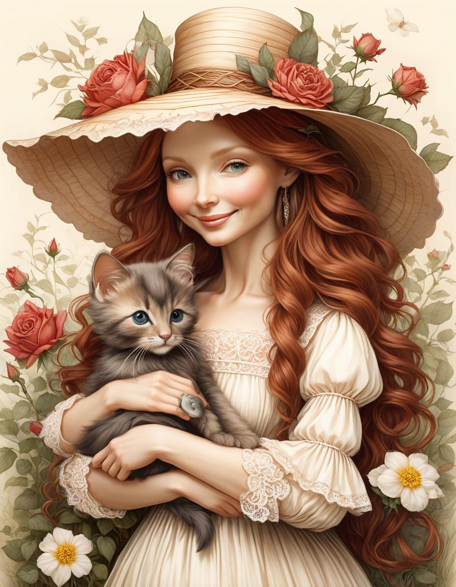  by (Wendy Froud). Sophie Gengembre Anderson, coloring style, black and white illustration, line art. {a smiling TILDA doll holds a Teddy bear style plush kitten in her hands. The hair is wavy, on the head is a straw hat decorated with large flowers and ribbons on which a small bird sits. Dressed in a light summer sundress with ruffles and lace, rose flowers in the background}, good detailing, central location, zentangle. well drawn details. beautiful flowers, by Wendy Froud, hyperrealistic, full body, detailed clothing, highly detailed, cinematic lighting, stunningly beautiful, intricate, sharp focus, f/1. 8, 85mm, (centered image composition), (professionally color graded), ((bright soft diffused light)), volumetric fog, trending on instagram, trending on tumblr, HDR 4K, 8K