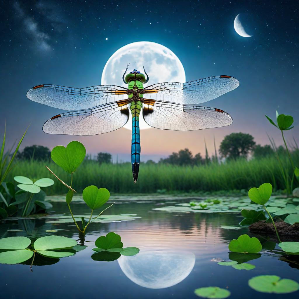  A lower, worm's-eye view looking up at a close-up of a dragonfly flying upwards from a four-leaf clover at the edge of a pond. The pond reflects both the dragonfly and the full moon. The background features a blue night sky with a full moon in view and stars lightly scattered around. The image captures the details of the dragonfly, the four-leaf clover, the pond, the reflections of the dragonfly and the moon, and the serene beauty of the night sky. hyperrealistic, full body, detailed clothing, highly detailed, cinematic lighting, stunningly beautiful, intricate, sharp focus, f/1. 8, 85mm, (centered image composition), (professionally color graded), ((bright soft diffused light)), volumetric fog, trending on instagram, trending on tumblr, HDR 4K, 8K