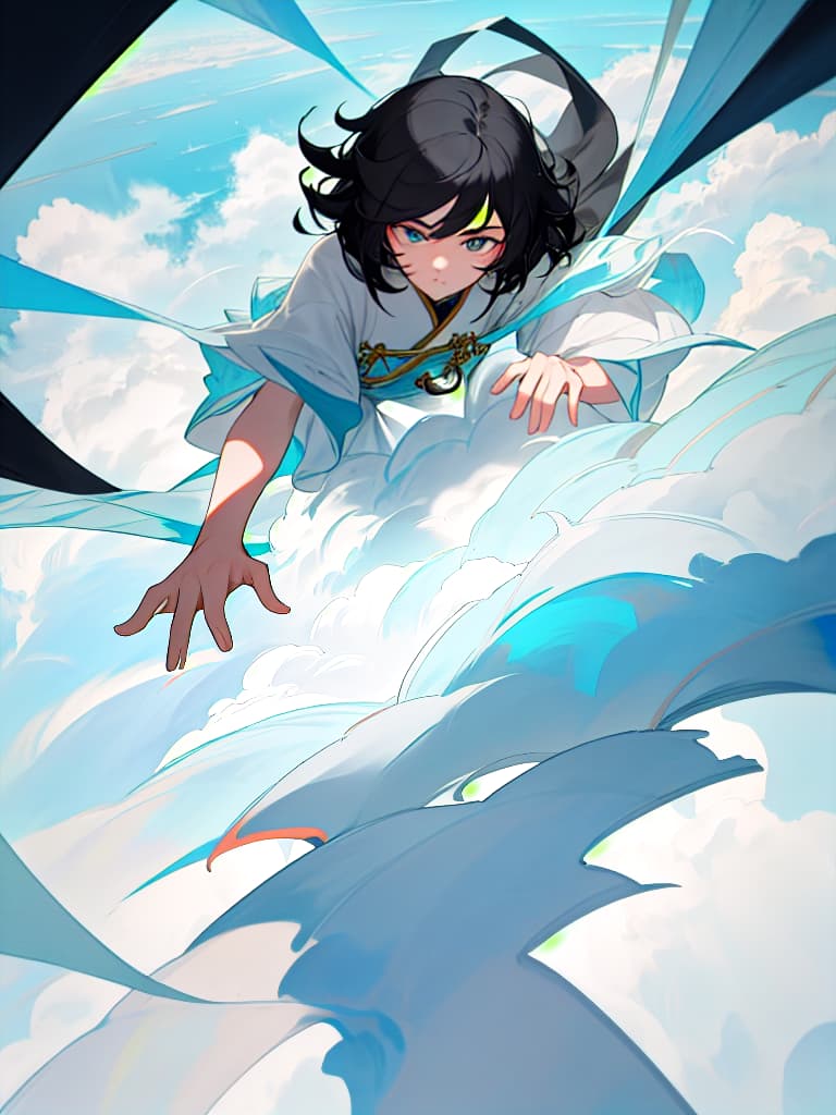  Looking down from the clouds, I want to meet you, male, black hair, masterpiece, best quality,8k,ultra detailed,high resolution,an extremely delicate and beautiful,hyper detail