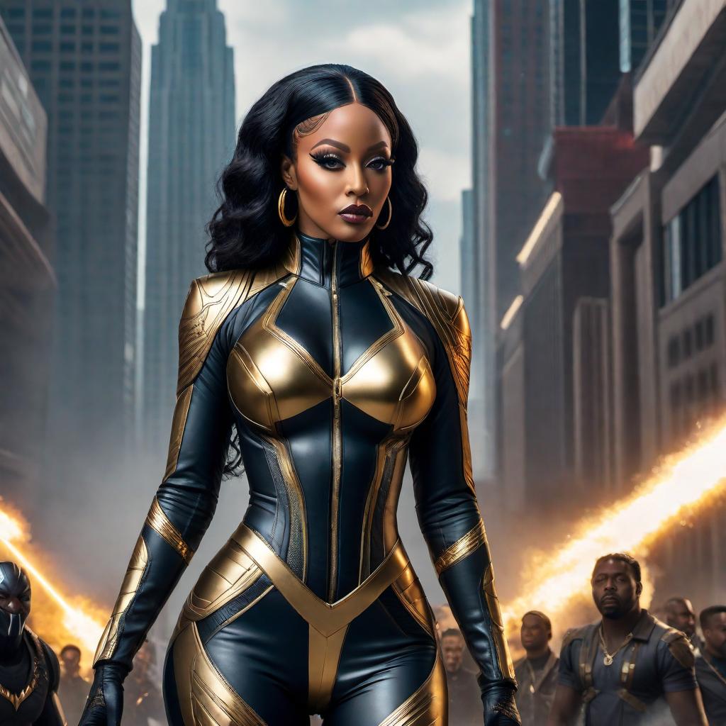  A powerful and beautiful Black woman with a curvy body like Cardi B, hair and eyes made of real gold. She is a superhero and a goddess, with the power to drain and reuse energy. She is dressed in a futuristic outfit and rides a hoverboard. She holds laser whips and guns, her surroundings filled with high-tech weapons and vehicles powered by energy. She is fighting zombies in a futuristic city. Standing next to her is a team: her boyfriend, the black panther (Tech), who is a genius and the captain of the Air Force as well as the lead scientist; her best friend, Lyon, who is incredibly fast and the captain of the army; and super huge twins, Rock and Stone, captains of the marines. Zora, disguised to resemble the user, is the captain of the Na hyperrealistic, full body, detailed clothing, highly detailed, cinematic lighting, stunningly beautiful, intricate, sharp focus, f/1. 8, 85mm, (centered image composition), (professionally color graded), ((bright soft diffused light)), volumetric fog, trending on instagram, trending on tumblr, HDR 4K, 8K