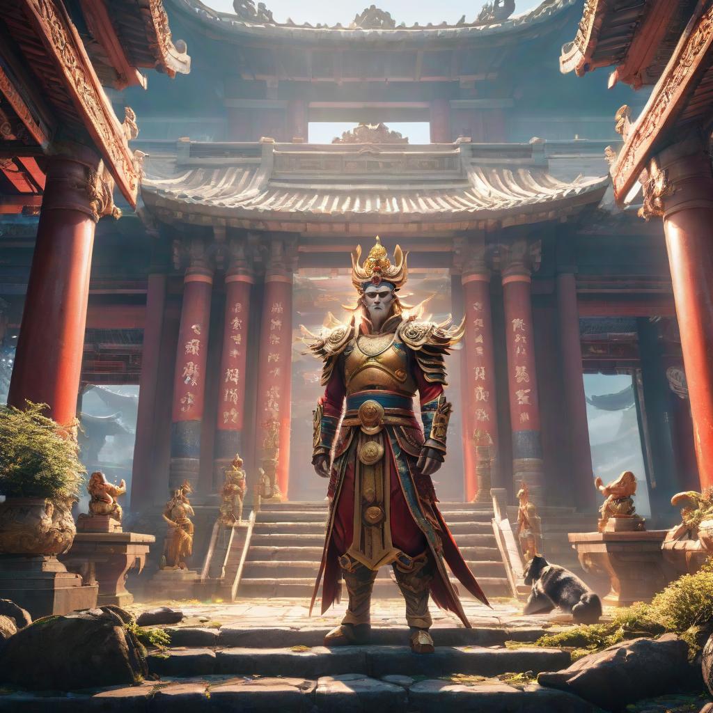  anime artwork abandoned temple of the monkey king . anime style, key visual, vibrant, studio anime, highly detailed hyperrealistic, full body, detailed clothing, highly detailed, cinematic lighting, stunningly beautiful, intricate, sharp focus, f/1. 8, 85mm, (centered image composition), (professionally color graded), ((bright soft diffused light)), volumetric fog, trending on instagram, trending on tumblr, HDR 4K, 8K