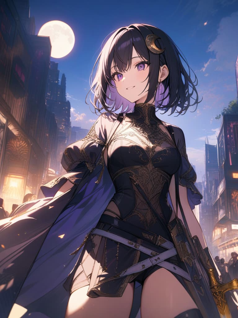  Holy sword,golden sword,burning city,smile,sword raised,golden light,Excalibur,cool girl,Black hair,(purple eyes),short,cropped hair,crescent moon hair ornament, masterpiece, best quality,8k,ultra detailed,high resolution,an extremely delicate and beautiful,hyper detail