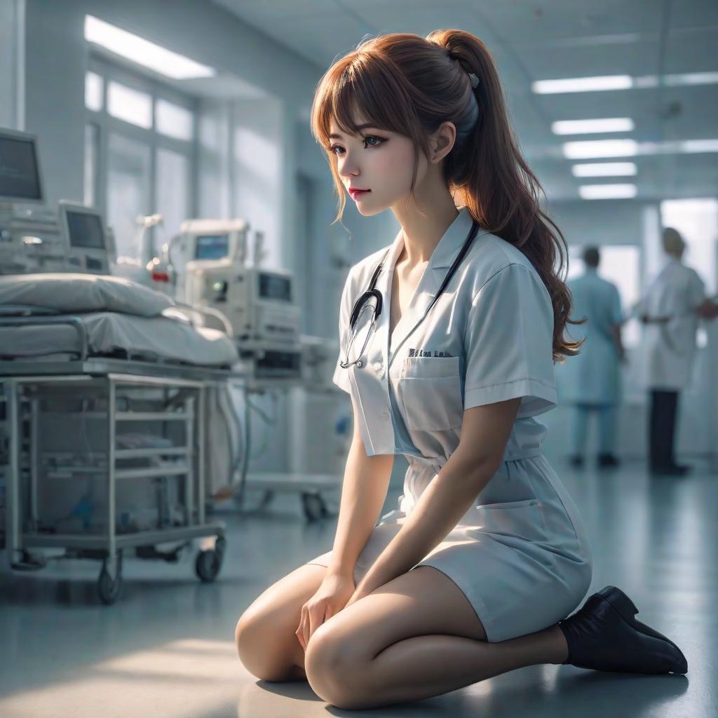  A woman is sitting on the floor in the hospital hyperrealistic, full body, detailed clothing, highly detailed, cinematic lighting, stunningly beautiful, intricate, sharp focus, f/1. 8, 85mm, (centered image composition), (professionally color graded), ((bright soft diffused light)), volumetric fog, trending on instagram, trending on tumblr, HDR 4K, 8K