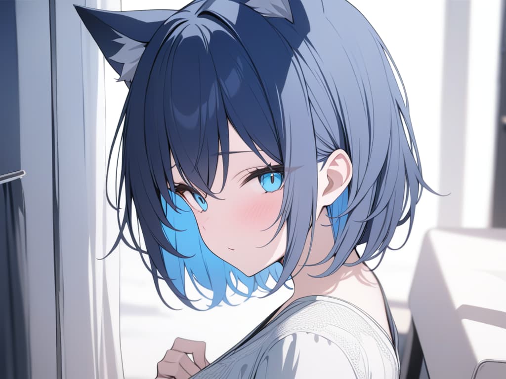  Short hair, light blue mesh, , cat ears, jit, light blue eyes, big s, dark blue hair, light blue inner color, masterpiece, best quality,8k,ultra detailed,high resolution,an extremely delicate and beautiful,hyper detail