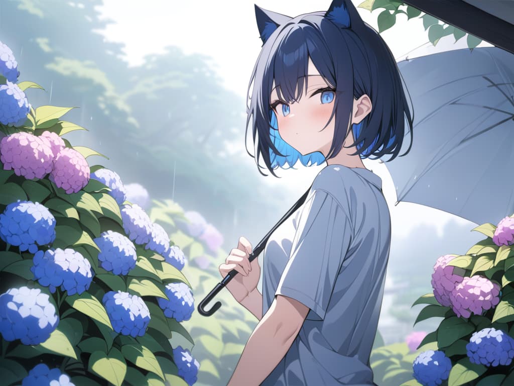  Short hair, light blue mesh, , cat ears, jit eyes, light blue eyes, big s, dark blue hair, light blue inner color, rainy season, umbrella, hydrangea, masterpiece, best quality,8k,ultra detailed,high resolution,an extremely delicate and beautiful,hyper detail