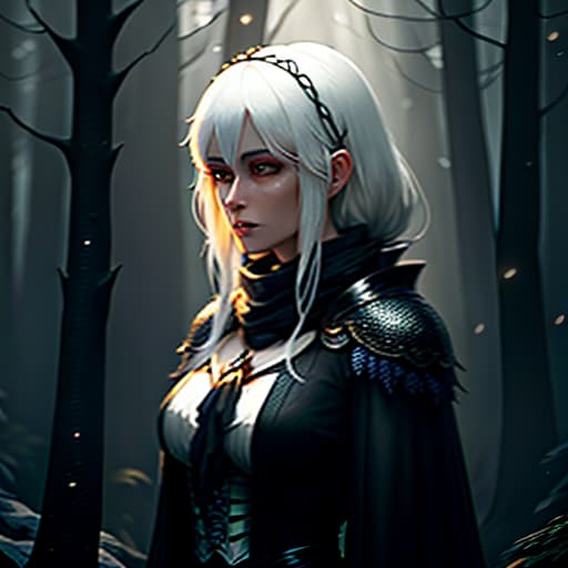  A dark forest surrounded by fireflies, a DnD changeling woman, white hair, white empty eyes, a black scarf around her neck, disheveled clothing. hyperrealistic, full body, detailed clothing, highly detailed, cinematic lighting, stunningly beautiful, intricate, sharp focus, f/1. 8, 85mm, (centered image composition), (professionally color graded), ((bright soft diffused light)), volumetric fog, trending on instagram, trending on tumblr, HDR 4K, 8K