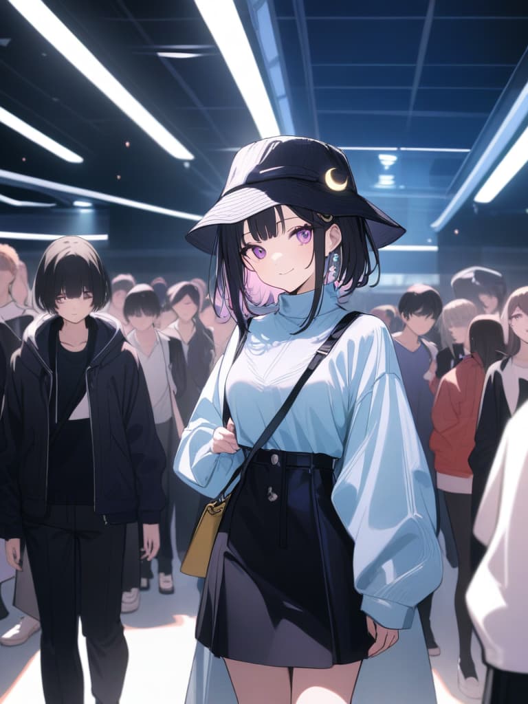  ,((Bucket hat)),light blue shirt,black pants ,Runway,fashion show road,Whole body,fashion show,,fashion show,model ,cool girl,Black hair,(purple eyes),short,cropped hair,crescent moon hair ornament,smile, masterpiece, best quality,8k,ultra detailed,high resolution,an extremely delicate and beautiful,hyper detail