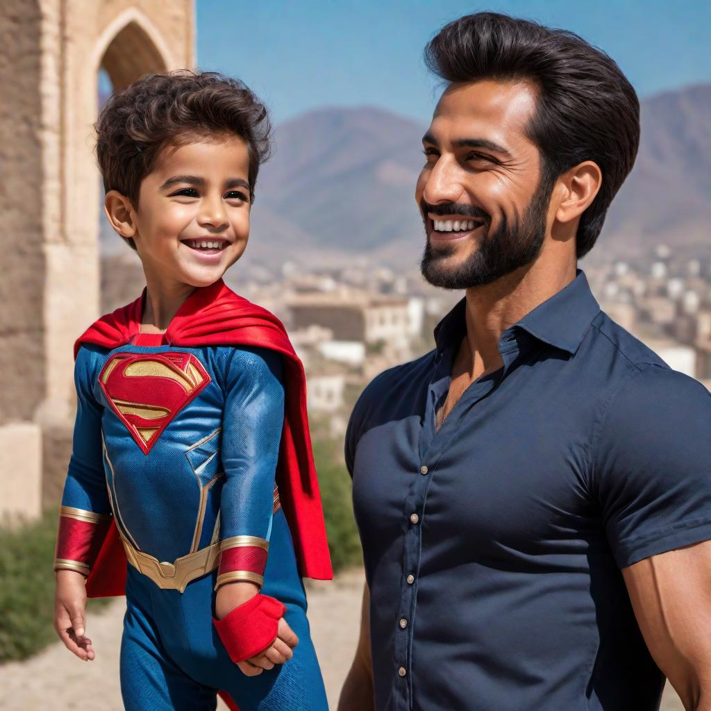  A 4-year-old boy named Dilhan with a big smile, standing next to his dad, Mahmut. Mahmut is depicted as a superhero with no cape, wearing everyday clothes but radiating an aura of strength and kindness. The background is simple and colorful. hyperrealistic, full body, detailed clothing, highly detailed, cinematic lighting, stunningly beautiful, intricate, sharp focus, f/1. 8, 85mm, (centered image composition), (professionally color graded), ((bright soft diffused light)), volumetric fog, trending on instagram, trending on tumblr, HDR 4K, 8K