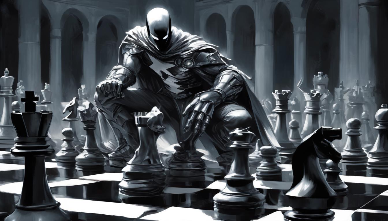  hyperrealism,fantasy aestheticA chessboard with a lone pawn executing a checkmate, decisive move, strategic brilliance, unexpected victory, clever maneuver, high tech clothing clad in sleek, futuristic costume with metallic accents and form fitting designs, marvel superhero comics style, unreal engine rendering