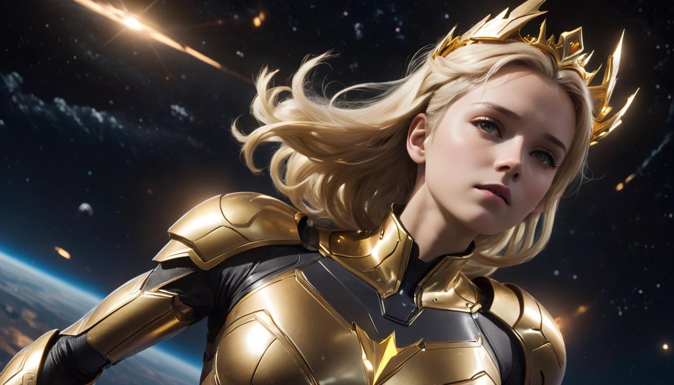  1girl, large busted blonde arian female humanoid, golden crown, floating in space, ethereal light, high tech clothing clad in sleek, futuristic costume with metallic accents and form fitting designs, marvel superhero comics style, unreal engine rendering